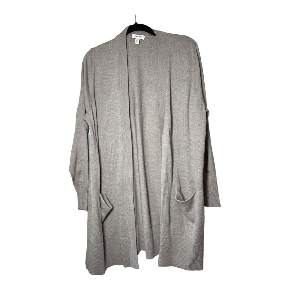 Nordstrom Open Cardigan Sweater Beige Large Merino Wool Blend Tunic Long Tan
